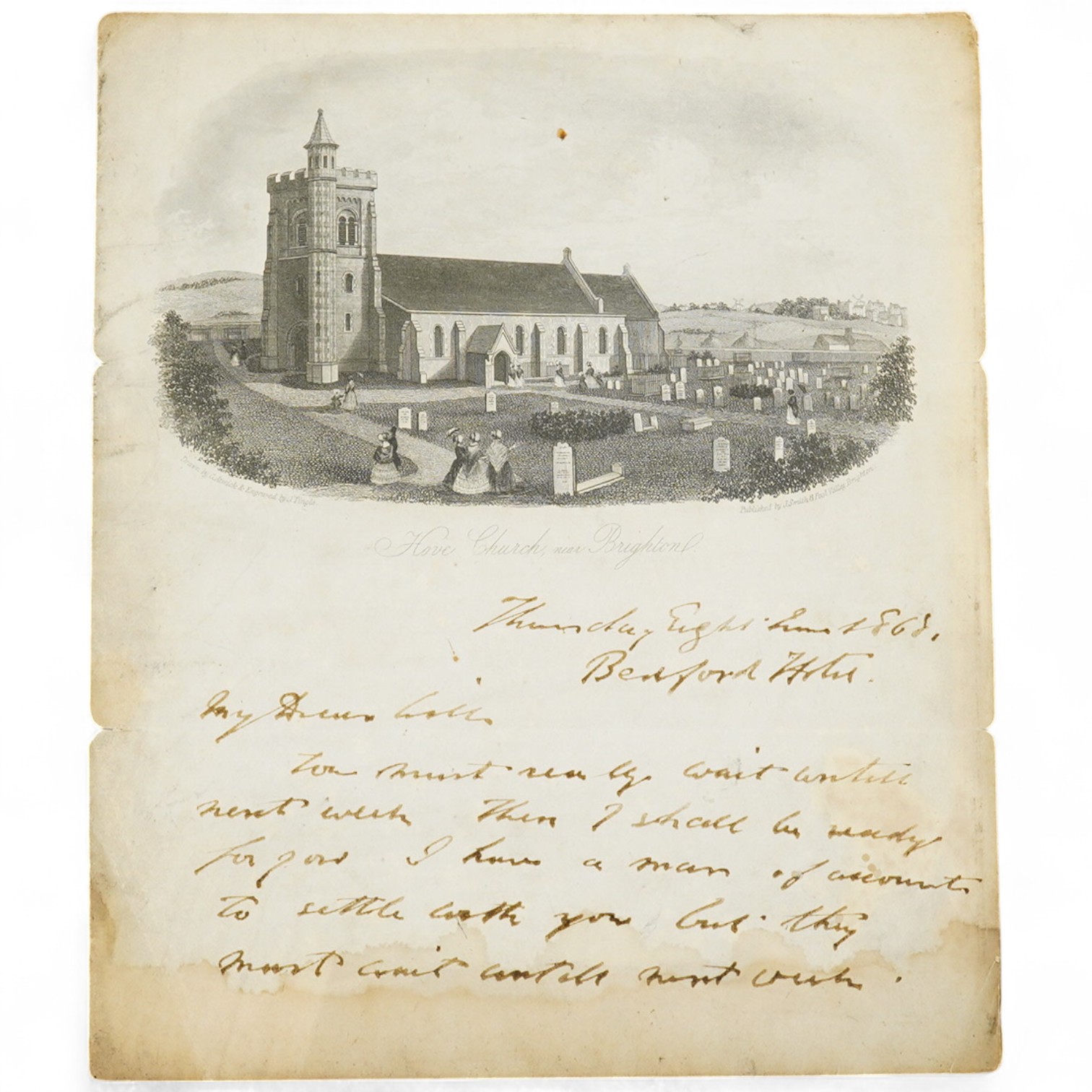 Charles Dickens Junior, a handwritten letter signed by Dickens, on notepaper with a heading in the form of an engraving of ‘Hove Church, near Brighton’